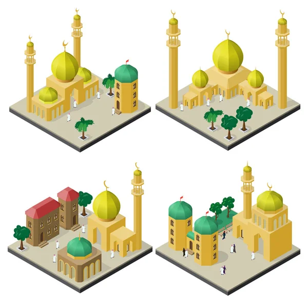 Set Isometric Cityscapes Arabic Cultural Buildings — Stock Vector