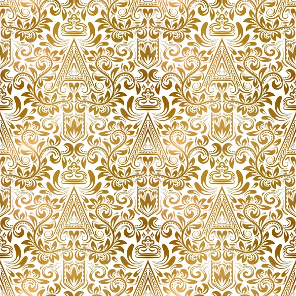 ゴールデンホワイトヴィンテージシームレスパターン。ゴールドロイヤル古典的なバロックの壁紙。ヴィクトリア朝の背景装飾. — ストックベクタ