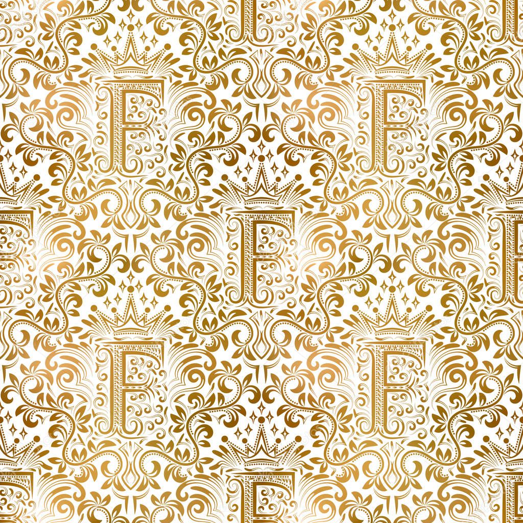 Golden white vintage seamless pattern. Gold royal classic baroque wallpaper. Victorian background ornament.