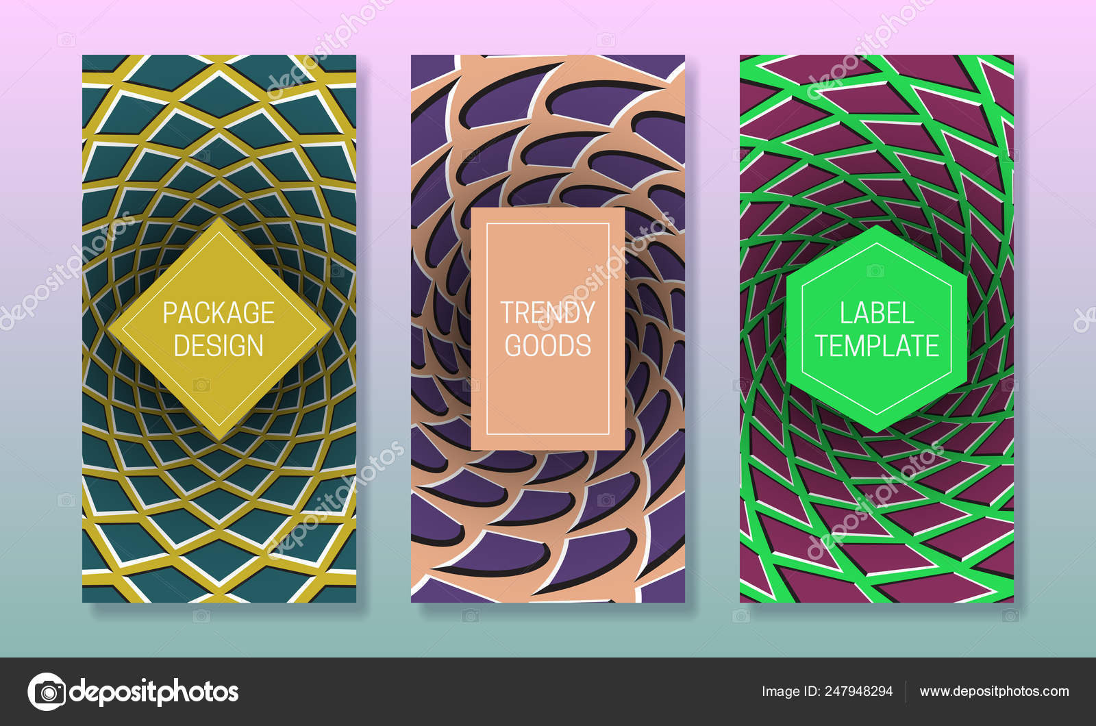 目の錯覚のパッケージ デザイン。テキストのフレームとカラフルな背景を移動します。抽象的なラベル テンプレートのセット. ストックベクター  ©vectordivider 247948294, image size:1600x1060