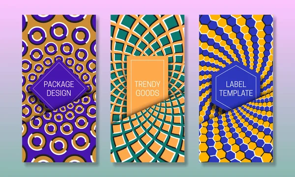 Set of packaging design with optical illusion backgrounds. Moving hypnotic backdrop with frames in pockets. — Stock Vector