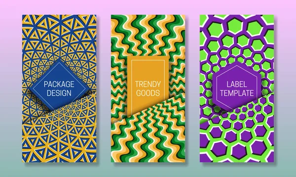 Set of packaging design with optical illusion backgrounds. Moving hypnotic backdrop with frames in pockets. — Stock Vector