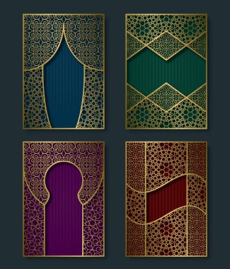 Kapak şablonları lüks vintage tarzı ayarlayın. Kitapçık, broşür, tebrik kartı, altın çerçeveli broşürü arka planlar.