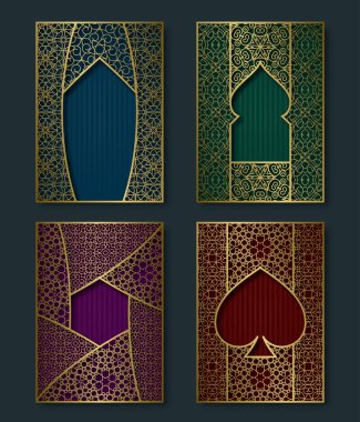 Kapak şablonları lüks vintage tarzı ayarlayın. Kitapçık, broşür, tebrik kartı, altın çerçeveli broşürü arka planlar.