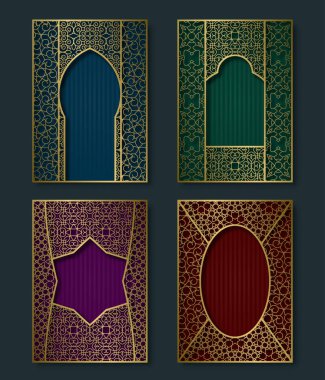 Kapak şablonları lüks oryantal tarzda ayarlayın. Kitapçık, broşür, tebrik kartı arka planlar ile süslü Altın çerçeveler.