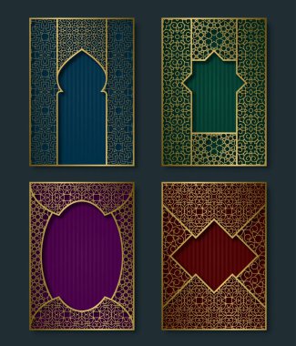 Kapak şablonları lüks oryantal tarzda ayarlayın. Kitapçık, broşür, tebrik kartı arka planlar ile süslü Altın çerçeveler.