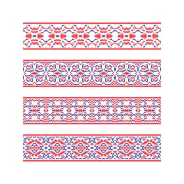 Renkli şerit desenleri kümesi. Nakış veya çerçeve tasarımı için mavi kırmızı geleneksel süsler.