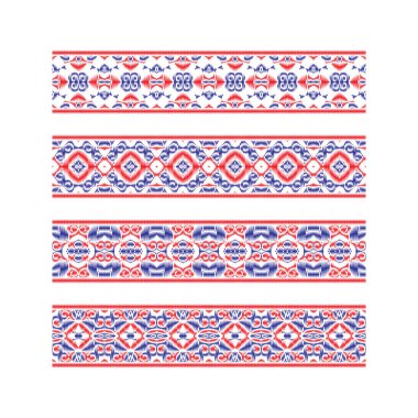 Renkli şerit desenleri kümesi. Nakış veya çerçeve tasarımı için mavi kırmızı geleneksel süsler. Desenli vektör fırçalar şablonları.