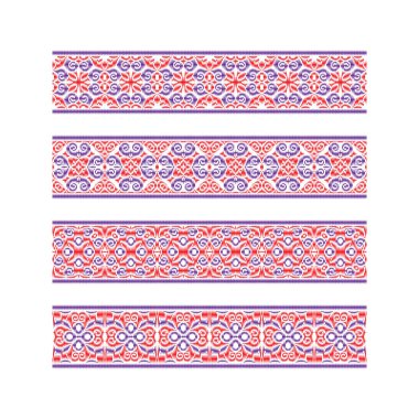 Renkli şerit desenleri kümesi. Nakış veya çerçeve tasarımı için kırmızı mor geleneksel süsler. Desenli vektör fırçalar şablonları.