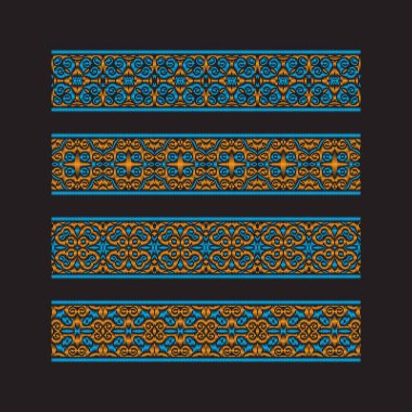 Renkli şerit desenleri kümesi. Nakış veya çerçeve tasarımı için turuncu mavi geleneksel süsler. Desenli vektör fırçalar şablonları.