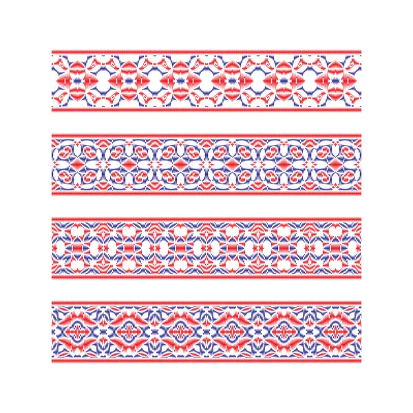 Набор цветных ленточных узоров. Синий красный традиционный орнамент для вышивки или рамы . — стоковый вектор
