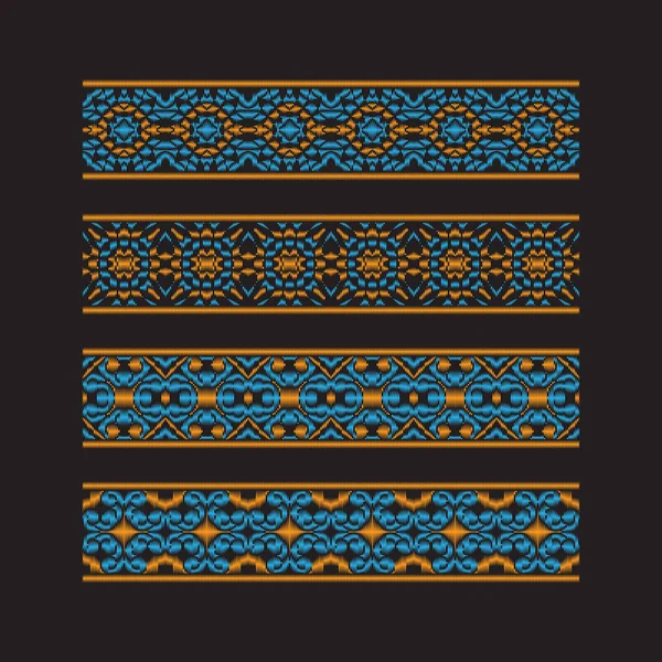 Uppsättning färgade band mönster. Orange blå traditionella prydnader för broderi eller frame design. Vector mönstrad borstar mallar. — Stock vektor