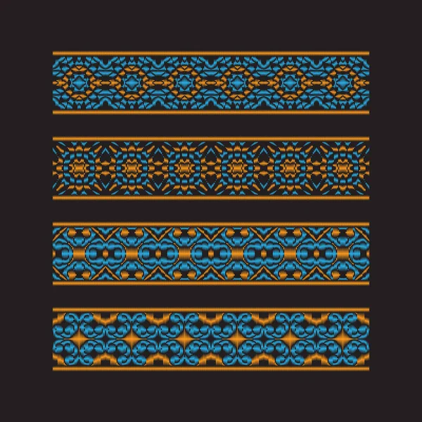 Seperangkat pola pita berwarna. Ornamen biru ornamen tradisional ornamen untuk bordir atau bingkai desain. Templat sikat berpola vektor . - Stok Vektor