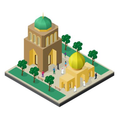 Cityscape izometrik görünümünde. Tapınak, kentsel inşaat, ağaçlar, banklar ve insanlar sokak.
