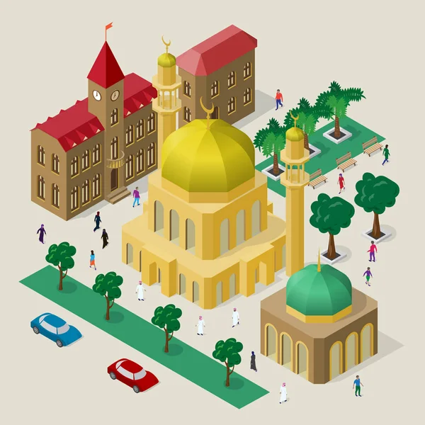 等尺性の建物、モスク、ミナレット、ベンチ、樹木、車、人のセットです。オリエンタル スタイルでベクトルの街並. — ストックベクタ
