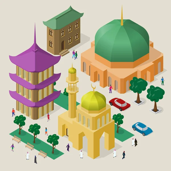 Vektor multikulturelles Stadtbild. Reihe isometrischer Objekte. Gebäude, Moschee, Tempel, Pagode, Bänke, Bäume, Autos und Menschen. — Stockvektor