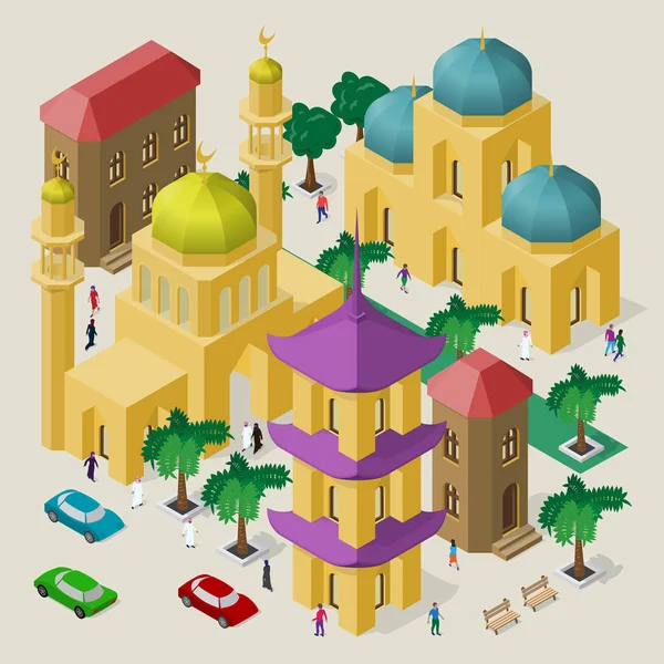 Vector multiculturele stadsgezicht. Set isometrische objecten. Gebouwen, moskee, tempel, pagode, zitbanken, bomen, auto's en mensen. — Stockvector