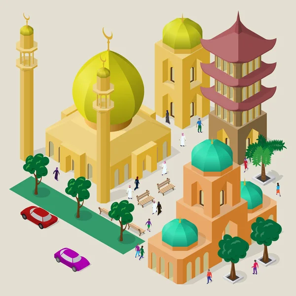 Vector multiculturele stadsgezicht. Set isometrische objecten. Gebouw, moskee, tempel, pagode, zitbanken, bomen, auto's en mensen. — Stockvector