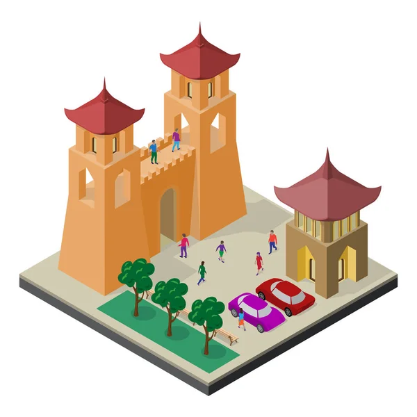 Paysage urbain en vue isométrique. Mur de forteresse, bancs, arbres, parking, voitures et personnes . — Image vectorielle
