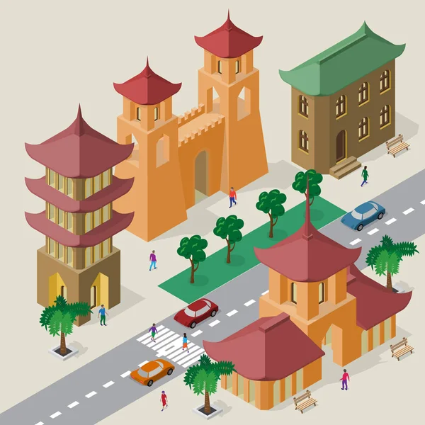 Paisaje urbano vectorial de estilo asiático oriental. Conjunto de edificios isométricos, pagoda, puerta de la fortaleza con torres, calzada, bancos, árboles, coches y personas . — Archivo Imágenes Vectoriales