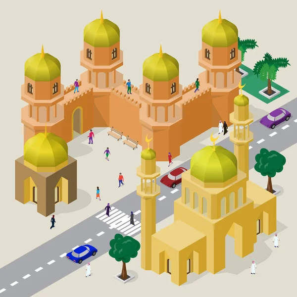 Paesaggio urbano vettoriale in stile arabo. Set di edifici isometrici, moschea, minareti, mura della fortezza con torri, carreggiate, panchine, alberi, auto e persone . — Vettoriale Stock