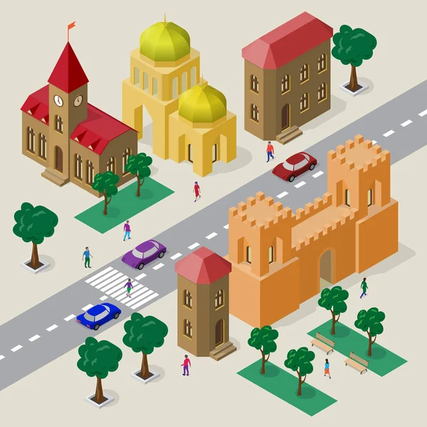 Vector stadsbild i europeisk stil. Uppsättning av isometrisk byggnader, kyrkan, fästning gate med torn, vägbanan, bänkar, träd, bilar och människor. — Stock vektor