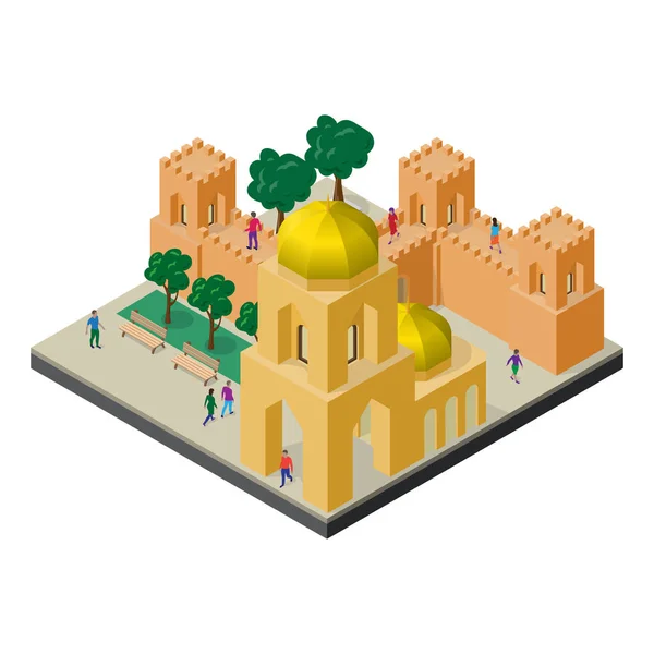 Stadtbild in isometrischer Ansicht. Festungsmauer, Tempel, Bänke, Bäume und Menschen. — Stockvektor