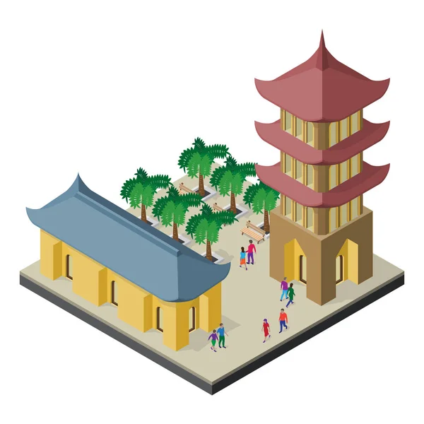 Ισομετρικό αστικό τοπίο Ανατολικής Ασίας. Παγόδα, κτίριο, φοίνικες, πάγκοι και άνθρωποι. — Διανυσματικό Αρχείο