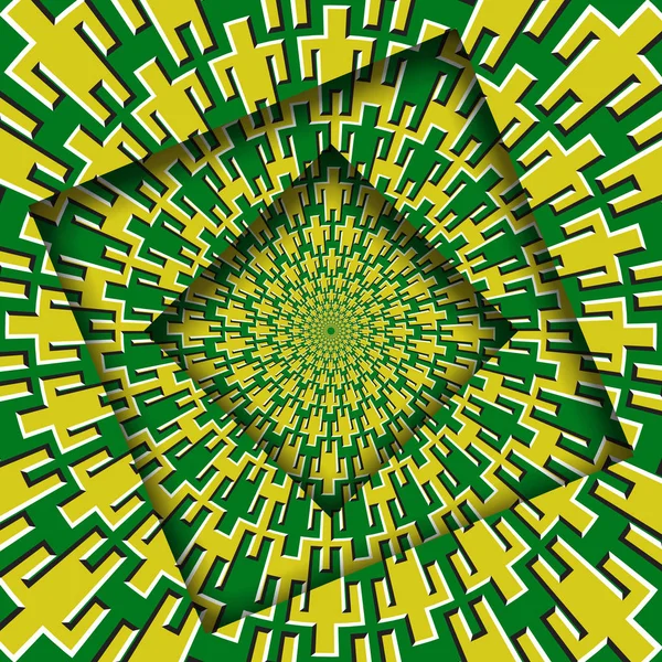 Abstrato virou quadros com um padrão de símbolos de homens verdes amarelos rotativos. Ilusão óptica fundo hipnótico . —  Vetores de Stock