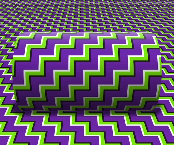 Le cylindre roule le long de la surface inclinée. Objets abstraits avec motif rayures zigzag. Illustration d'illusion optique vectorielle . — Image vectorielle