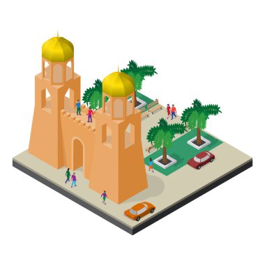 Cityscape izometrik görünümünde. Kale duvarı, kuleleri, Botanik Bahçesi, arabalar ve insanlar.