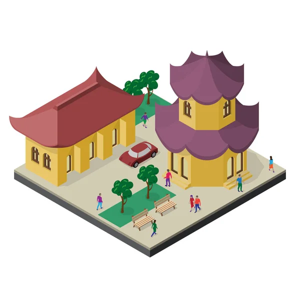 Isométrico paisaje urbano de Asia Oriental. Pagoda, edificio, árboles, bancos, coches y personas . — Archivo Imágenes Vectoriales