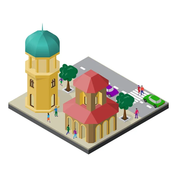 Cityscape in isometric view. Tower, town building, roadway, trees, cars and people. — Stock Vector