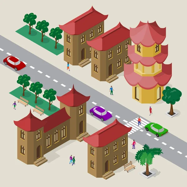 Paisaje urbano vectorial de estilo asiático oriental. Conjunto de edificios isométricos, pagoda, calzada, bancos, árboles, coches y personas . — Archivo Imágenes Vectoriales