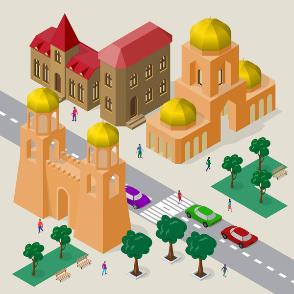 Vector cityscape in European architectural style. Set of isometric buildings, church, fortress wall with towers, roadway, benches, trees, cars and people.