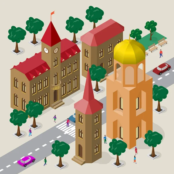 Vector stadsbild i Europeiska arkitektoniska stil. Uppsättning av isometrisk byggnader, stadshuset, kyrkan, vägbanan, bänkar, träd, bilar och människor. — Stock vektor