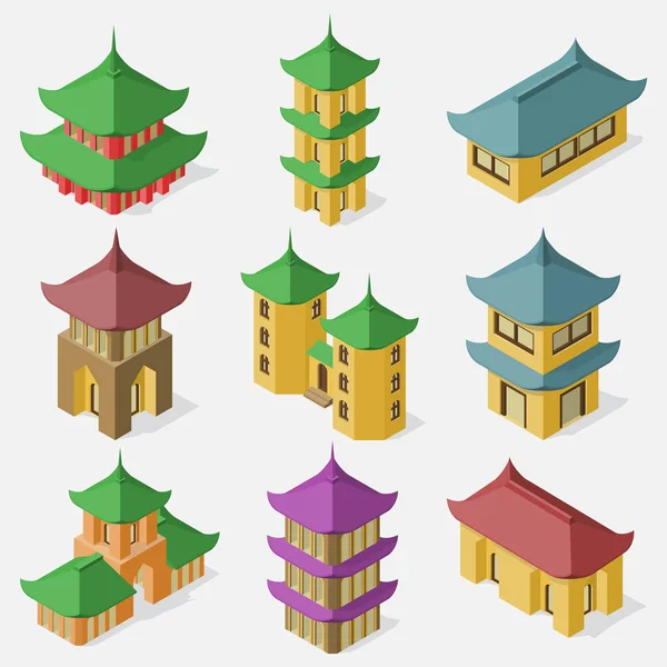 Комплект восточноазиатских зданий в изометрическом виде . — стоковый вектор