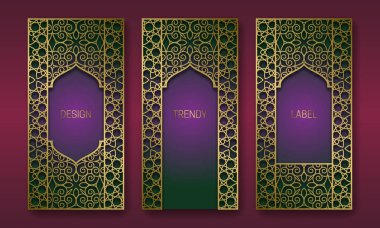 Doğu tarzında altın ambalaj tasarımı. Vintage desenli çerçeveler ile etiket şablonları kümesi.