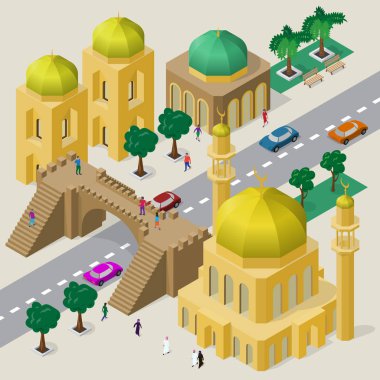 Binaların izometrik şehir manzarası, yaya köprüsü, cami, karayolu, araba ve insanlar.