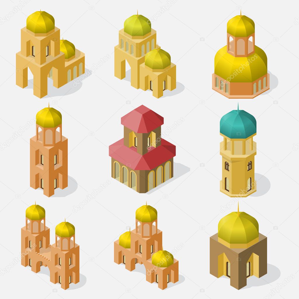 Set of temple buildings in isometric view.
