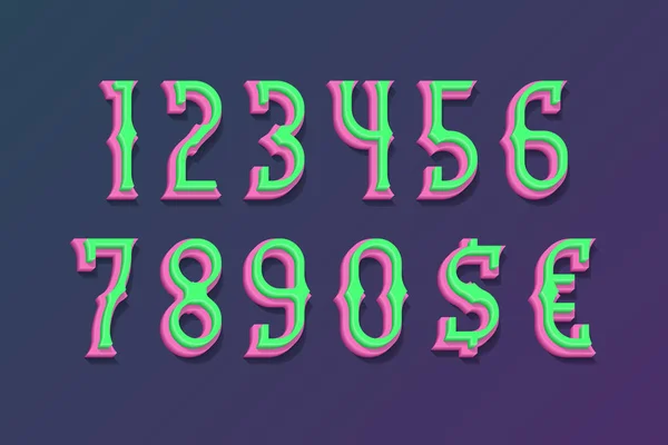 Números de dos capas de hadas con signos de moneda en estilo vintage 3d . — Vector de stock