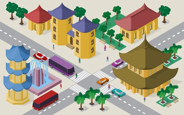 Isométrica paisagem urbana do leste asiático edifícios, ruas, pagode, fonte, encruzilhada, carros, ônibus e pessoas . — Vetor de Stock