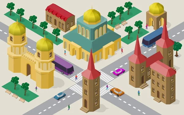 Isometrisches Stadtbild von Gebäuden, Straßen, Tempeln, Straßen, Autos, Bussen und Menschen. — Stockvektor