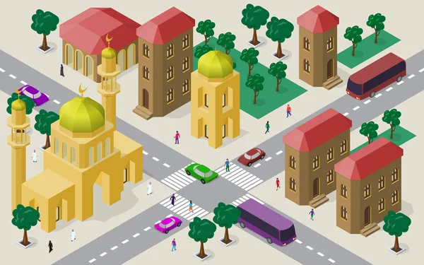 Isometrisk stadsbilden av byggnader, gator, moskén, vägbanan, bilar, bussar och människor. — Stock vektor