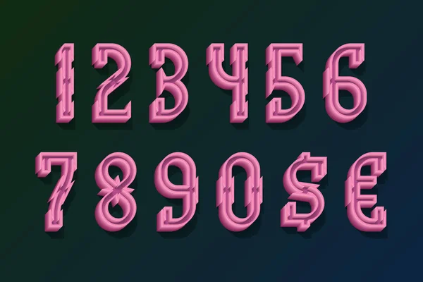 Κομψοί αριθμοί με σύμβολα νομισμάτων σε στυλ techno 3D. — Διανυσματικό Αρχείο