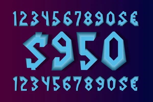 Cristal duplo conjunto de números com sinais de moeda em 3d desenho animado estilo — Vetor de Stock
