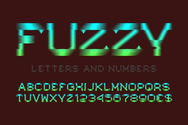 Bulanık harfler ve para birimi işaretleri ile sayılar. Yeşil mavi degrade yazı tipi. İzole İngiliz alfabesi.