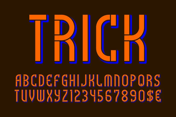 Trucs de lettres et de chiffres avec des signes de devise. Fonte Orange blue stencil. Alphabet anglais isolé . — Image vectorielle