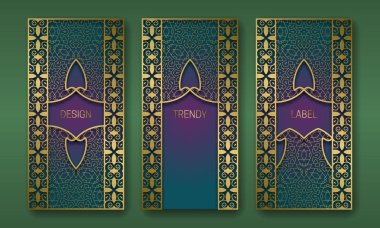 Altın zarif ambalaj tasarımı. Arap vintage süs çerçeveleri ile etiket şablonları seti.