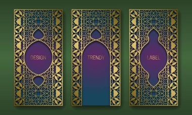 Altın süslü ambalaj tasarımı. Oryantal süs çerçeveli etiket şablonları kümesi.